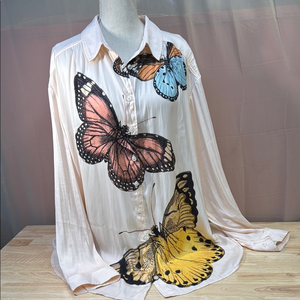 Anthropologie Butterfly Print Button Down Shirt - Cream, Pink, Blue, Yellow